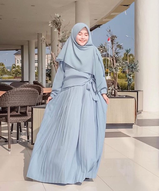 Model Baju Gamis Syar’i Modern Sifon Tali Pinggir Pinggang Aqua Blue