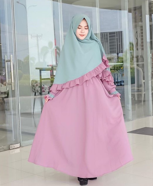 Model Baju Gamis Terbaru Tanah Abang Syar’i Simple Jilbab Rempel Dusty Pink Abu Muda