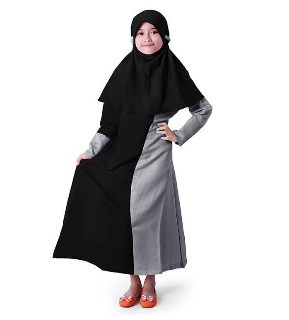 Model Baju Gamis Untuk Anak Perempuan Kombinasi Dua Warna Abu Tua Hitam