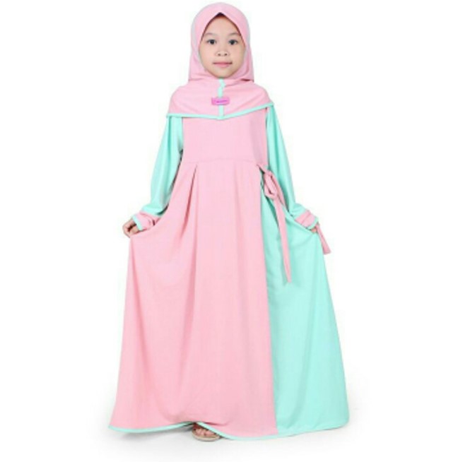 Model Baju Gamis Untuk Anak Perempuan Kombinasi Dua Warna Soft Pink Tosca