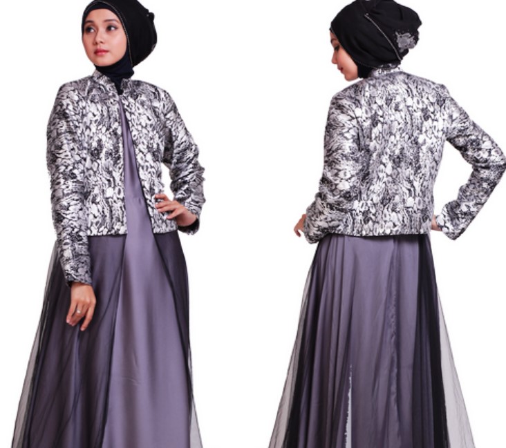 Model Gamis Batik Blazer Lebaran Terbaru Abu Tua Silver