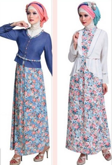 Model Gamis Batik Blazer Lebaran Terbaru Floral Biru Tua dan Putih