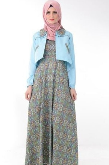 Model Gamis Batik Blazer Lebaran Terbaru Full Batik Biru Muda