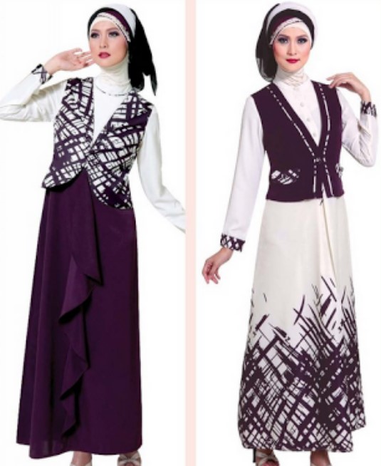 Model Gamis Batik Blazer Lebaran Terbaru Putih Ungu