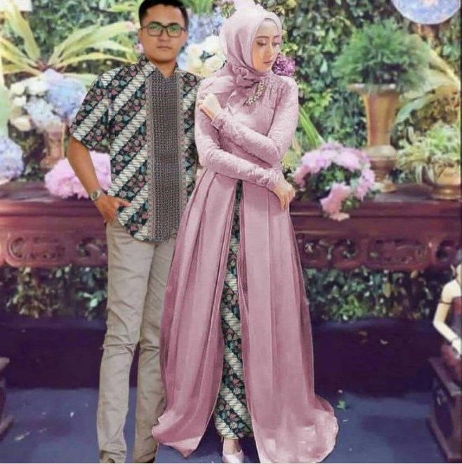 Model Gamis Batik Kombinasi Brokat Couple Dusty Pink