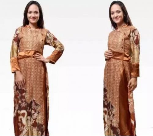 Model Gamis Batik Kombinasi Kain Polos Satin Coklat