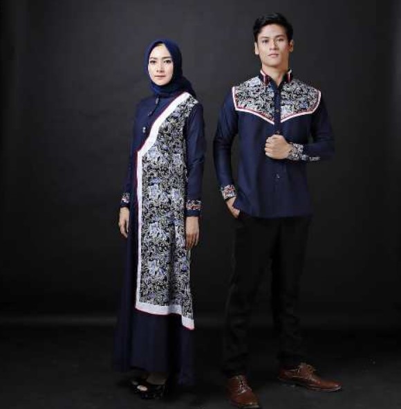 Model Gamis Batik Pesta Mewah Couple Navy